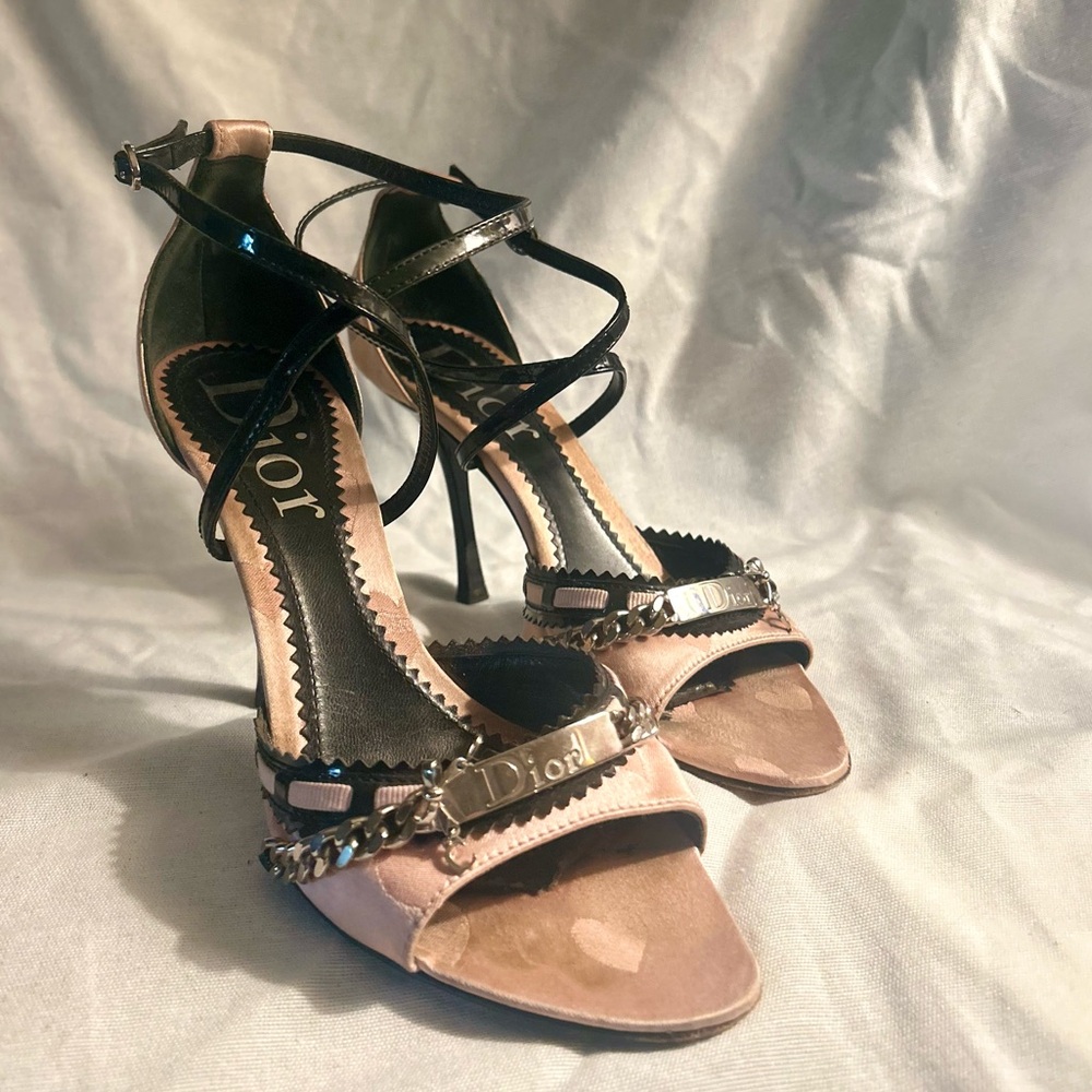 DIOR Pink Heart Chain Satin Heels Y2K Galliano